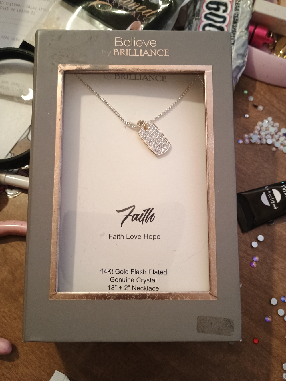 Believe by Brilliance 'Faith' Crystal Dog Tag Necklace - Gold Tone